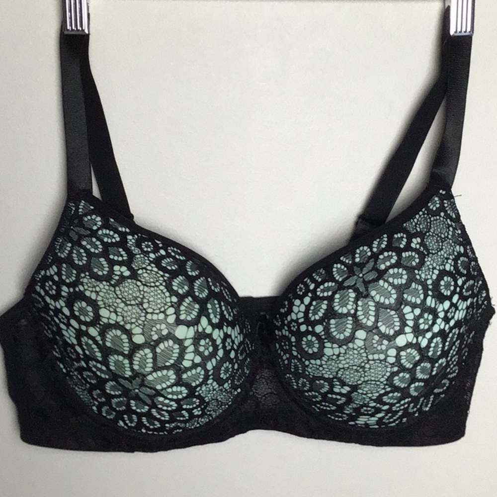 Black bow mint green black lace overlay full coverage underwire bra size 38C